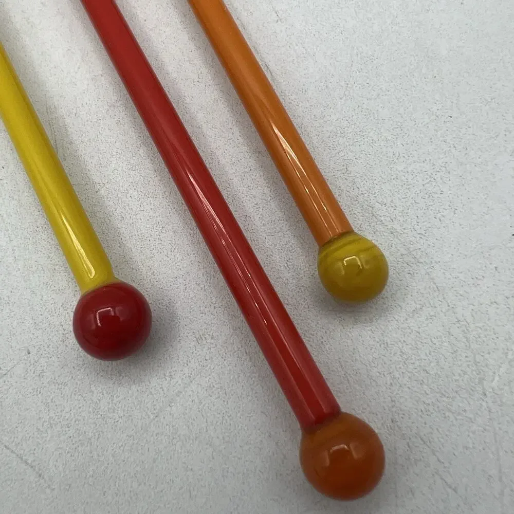 Set 3 Vtg Opaque Art Glass Cocktail Stirrers Swizzle Sticks Yellow Orange Red